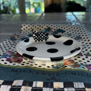 MacKenzie-Childs Black and White Polka Dot Trinket Dish with Cow Accent